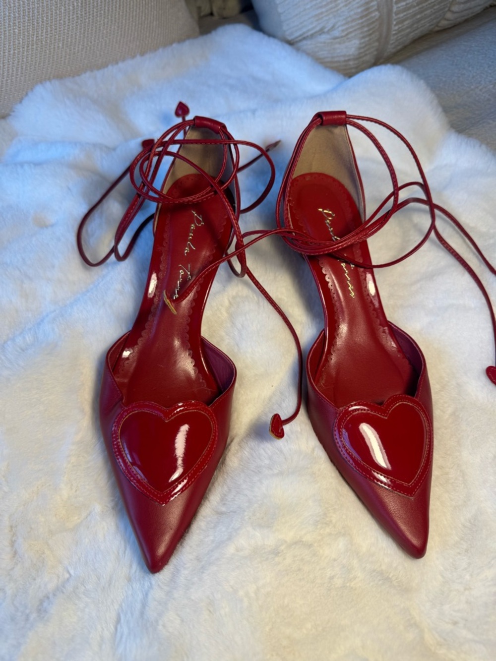 Paula Torres Red Lace-Up Pointed Toe Leather Pumps with Heart Detail Size 8.5